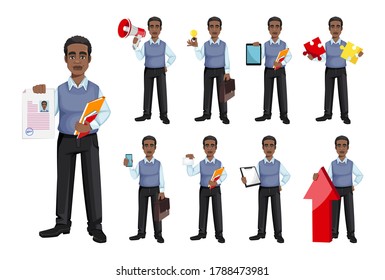 African American Business Man, Set Of Nine Poses. Cheerful Handsome Businessman Cartoon Character. Vector Illustration