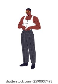 African American business man is wearing formal trousers. Businessman with sports physical shape stands. Muscular person in fashion pants. Flat isolated vector illustration on white background