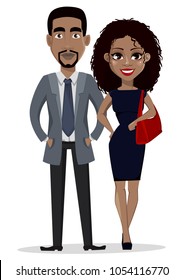 African American business man and business woman, cartoon characters. Smiling businessman and businesswoman in casual clothes. Vector illustration isolated on white background.