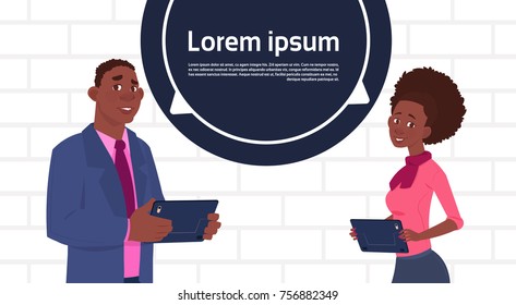 African American Business Man And Woman Holding Tablet Speak Big Chat Bubble With Text Copy Space Flat Vector Illustration