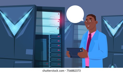 African American Business Man Working On Digital Tablet In Modern Database Center Or Server Room Businessman Engeneer Flat Vector Illustration