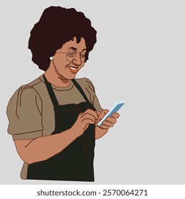 An African American business owner in professional attire, holding a cell phone and attentively reviewing her order details, exuding confidence and focus.