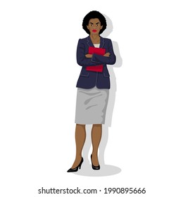 African American business woman with black curly hair in navy-blue jacket and light grey skirt with red folder. Strong Black girl on white background, cartoon style. Vector realistic EPS 10.