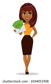 African American business woman cartoon character. Young beautiful smiling businesswoman in smart casual clothes holding envelope with money. Stock vector
