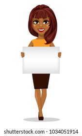 African American business woman cartoon character. Young beautiful smiling businesswoman in smart casual clothes holding blank placard. Stock vector