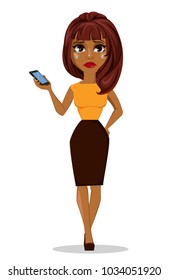 African American business woman cartoon character. Young beautiful sad businesswoman in smart casual clothes holding smartphone. Stock vector