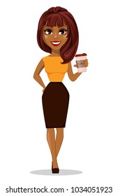 African American business woman cartoon character. Young beautiful smiling businesswoman in smart casual clothes holding a cup of coffee. Stock vector