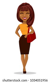 African American business woman cartoon character. Young beautiful smiling businesswoman in smart casual clothes holding handbag. Stock vector