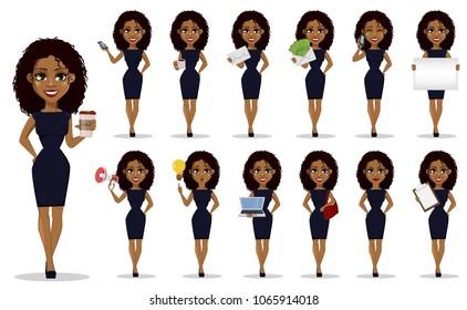 African American business woman cartoon character set. Young beautiful businesswoman with dark hair in smart casual clothes. Stock vector