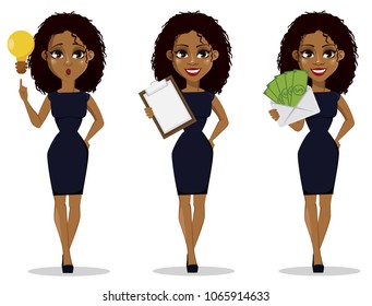 African American business woman cartoon character, set. Young beautiful businesswoman in smart casual clothes having a good idea, holding checklist and holding envelope with money. Vector illustration