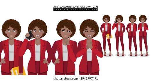 African American business woman cartoon character in different poses isolated vector illustration