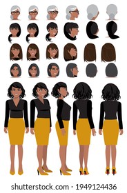 African American business woman cartoon character in casual wear and different hairstyle for animation design vector collection