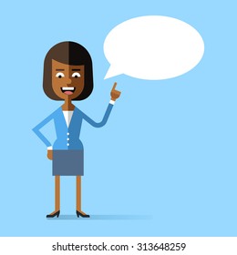 African American Business Woman In Formal Suit Holding Up Her Index Finger And Giving Advice. Attractive Successful Woman Speaking With Speech Bubble. Stock Vector Character In Flat Design.