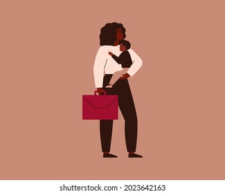 African American Business woman holding her baby on one hand and briefcase in the other hand. Working black mom has one child. Concept of opportunity on the work during motherhood. Vector illustration