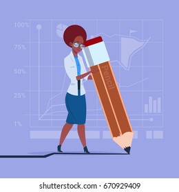 African American Business Woman Holding Big Pencil Writing Office Worker Flat Vector Illustration