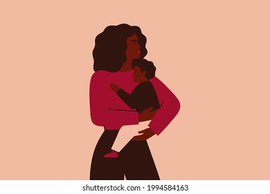 African American Business woman holds her baby with love and care. Strong mother cuddles her child and looking forward. Vector illustration