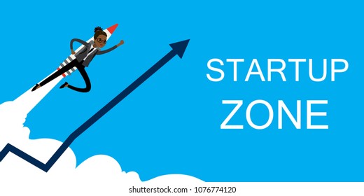 African american business woman with jet pack,startup zone concept,place for text,flat vector illustration