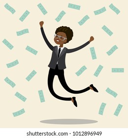 African american business woman jumps joyfully, money is falling around,flat vector illustration