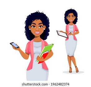 African American business woman, set of two poses. Beautiful businesswoman cartoon character, pretty lady. Stock vector illustration