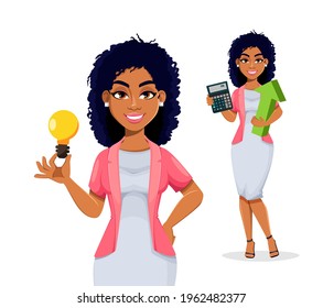 African American business woman, set of two poses. Beautiful businesswoman cartoon character, pretty lady. Stock vector illustration isolated on white background