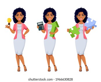 African American business woman, set of three poses. Beautiful businesswoman cartoon character having a good idea, calculating income and solving problem. Stock vector illustration