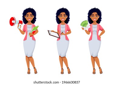 African American business woman, set of three poses. Beautiful businesswoman cartoon character, pretty lady. Stock vector illustration isolated on white background