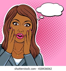 African american business woman shocked face with staring eyes and open mouth with speech bubble in pop art comic sketch style. Stressed african businesswoman portrait.