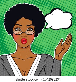 African american business woman showing on speech bubble for advice, offer, announcement, etc. Black succesful business woman in suit and glasses vector illustration in pop art retro comic style