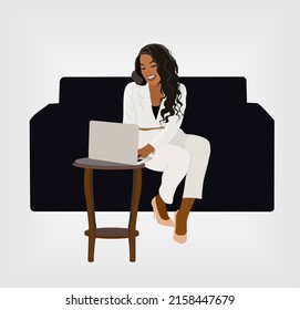 African American business woman sitting on sofa and working on laptop. Beautiful dark skin girl wearing white business  formal suite. Remote work or web meeting concept. Vector illustration isolated.