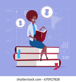 African American Business Woman Sitting On Books Stack Reading Education Concept Flat Vector Illustration