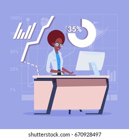 African American Business Woman Sitting Desk Working Computer Over Financial Charts Flat Vector Illustration