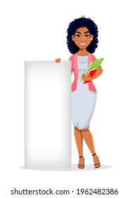 African American business woman standing near blank placard. Beautiful businesswoman cartoon character, pretty lady. Stock vector illustration