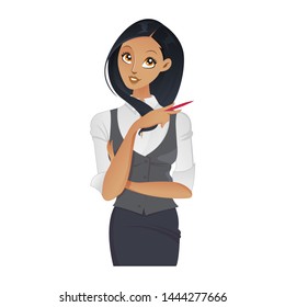 African American Business woman thinking with a pen in her hand isolated