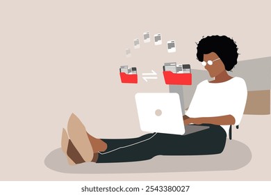 African American business woman using laptop with file transfer. FTP(File Transfer Protocol) files receiver and backup copy. File sharing isometric and Exchange information