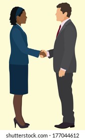 African American business woman and White business man shaking hands in business suits