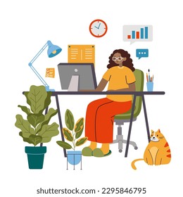 African American business woman working on computer at the desk, cute cozy home workplace, cartoon style. Online career, self employed concept.  Trendy modern vector illustration, flat design.