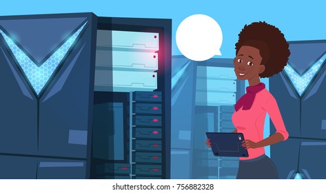 African American Business Woman Working On Digital Tablet In Modern Database Center Or Server Room Businesswoman Engeneer Flat Vector Illustration