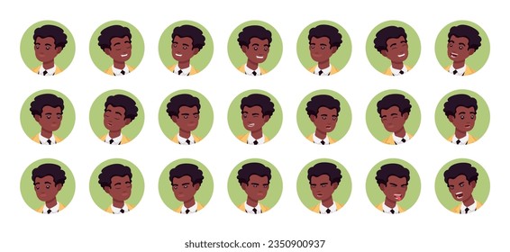 African american businessman avatar, office manager portrait set business employee bundle. Different emotions face icons, character pic. Vector flat style cartoon circle set isolated, white background