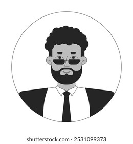 African american businessman black and white 2D avatar illustration. Black man bearded sunglasses outline vector character face isolated. Head and shoulders. Round frame user profile image portrait
