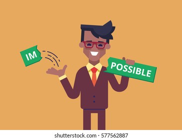 African american businessman breaks off a piece of the plate with the word "impossible" and gets the word "possible". Modern vector illustration.