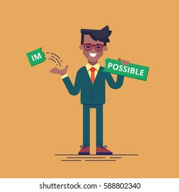 African american businessman breaks off a piece of the plate with the word "impossible" and gets the word "possible". Modern vector illustration. Flat style.