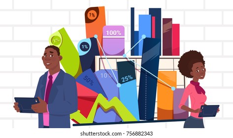 African American Businessman And Businesswoman Holding Presentation Stand Over Charts And Graph Business Woman And Man Seminar Or Report Meeting Flat Vector Illustration