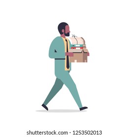 african american businessman carrying paper box stack of documents overloaded business man office worker going male cartoon character full length flat isolated