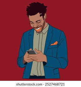 An African American Businessman with a cell phone smiling checking his phone conversation wearing glasses