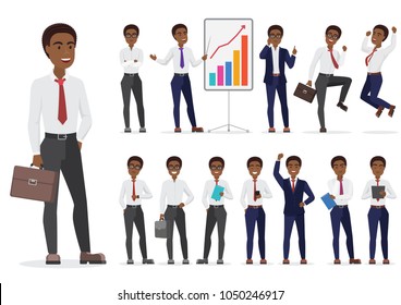 African American Businessman character different poses design. Vector cartoon man illustration.