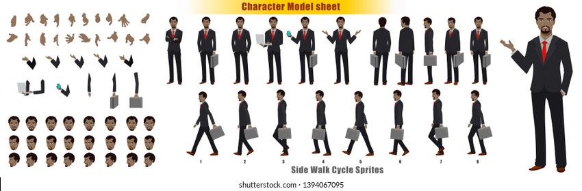 African American Businessman Character Model sheet with Walk cycle Animation. Flat character design. Front, side, back view animated character. character creation set with face emotions and gestures.