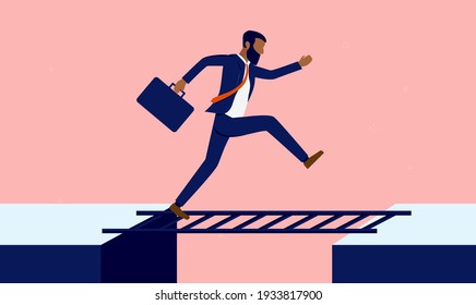 African American businessman conquering adversity - Man running on ladder over gap, solving business problem metaphor. Vector illustration.