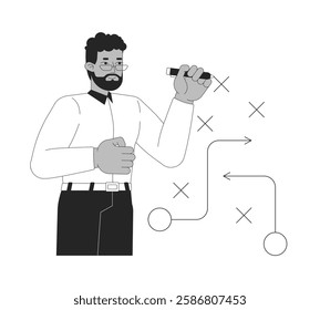 African american businessman designing strategy with flowchart black and white 2D line character. Decision-making business black man isolated vector outline person. Monochromatic spot illustration