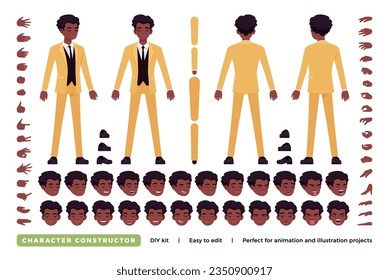 African american businessman DIY character constructor. Office man figure parts. Head, leg, hand gestures, different emotions. Vector flat style cartoon construction kit isolated, white background