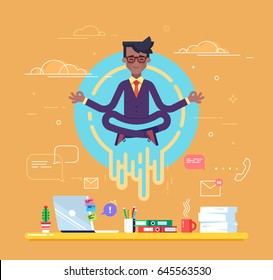 African american businessman doing yoga to calm down the stressful emotion from hard work in office over desk with office process icons on background. Concept of meditation. Vector illustration.